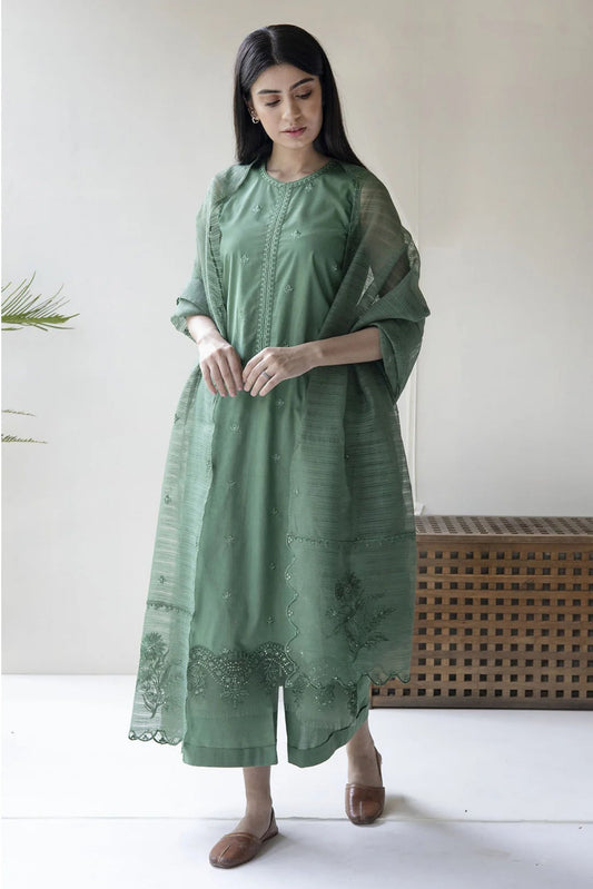 DYOT - LAWN EMBROIDERED SHIRT WITH ORGANZA DUPATTA AND TROUSER 3 Pcs Suit