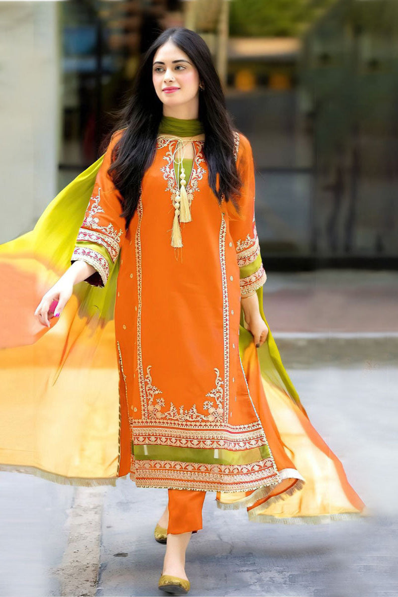 Omal Embroided Lawn With Chiffon Dupatta 3 Pcs Suit (Orange)