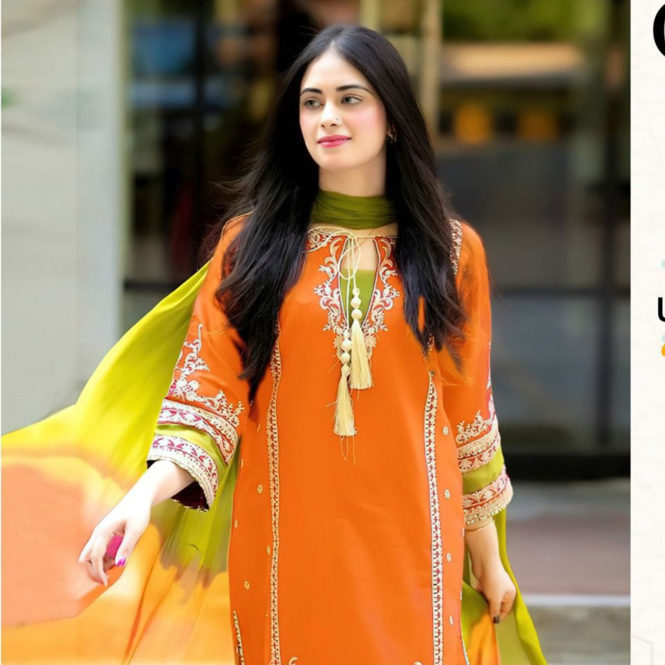 Omal Embroided Lawn With Chiffon Dupatta 3 Pcs Suit (Orange)