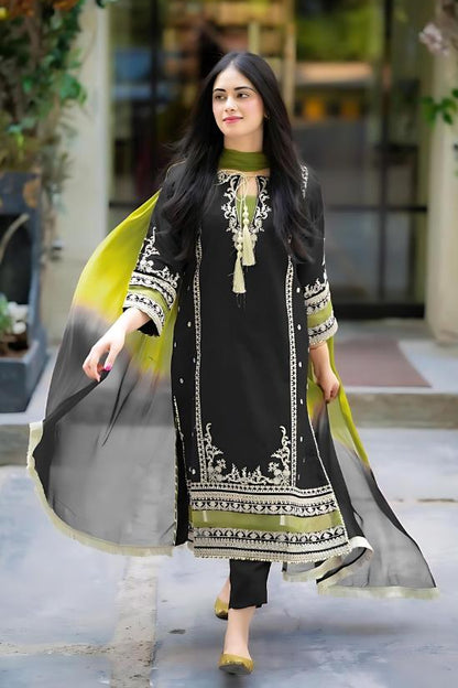 Omal Embroided Lawn With Chiffon Dupatta 3 Pcs Suit (Black)